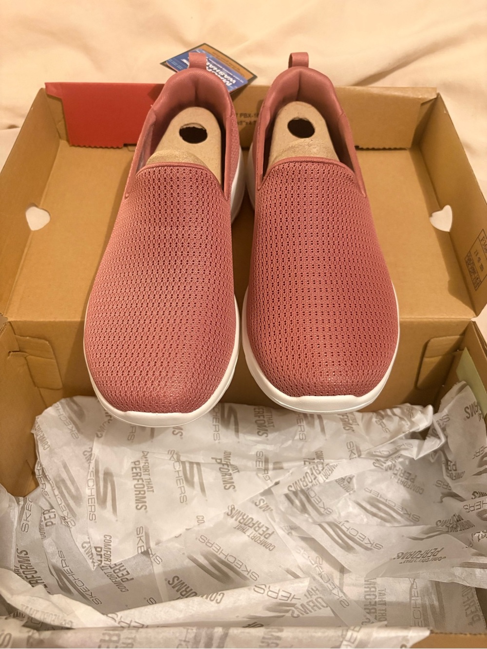 Skechers Slip-On Knit Sneakers in Rose Mauve and White
